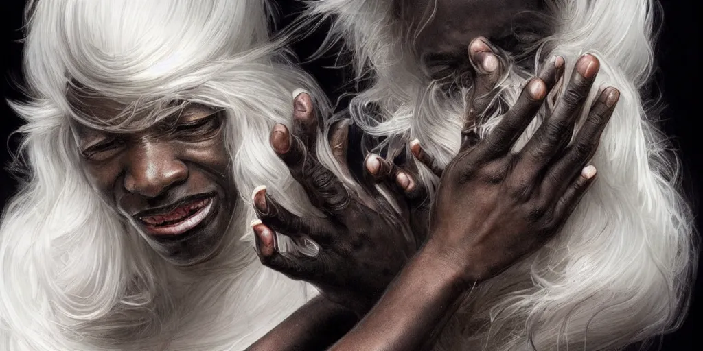 Prompt: black skin, many hands, gnarled fingers, intense black eyes, intense white hair, many mouths, just hands and eyes and mouths, intense lighting, light beams, lens flare, intricate, elegant, highly detailed, digital painting, artstation, concept art, smooth, sharp focus, illustration, art by artgerm and greg rutkowski and alphonse mucha