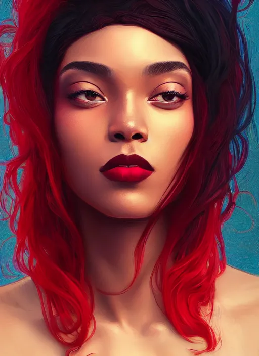 Prompt: handsome and beautiful black women with shoulder length bright red hair, half body shot, path traced, highly detailed, high quality, digital painting, alena aenami, lilia alvarado, shinji aramaki, karol bak, alphonse mucha, tom bagshaw