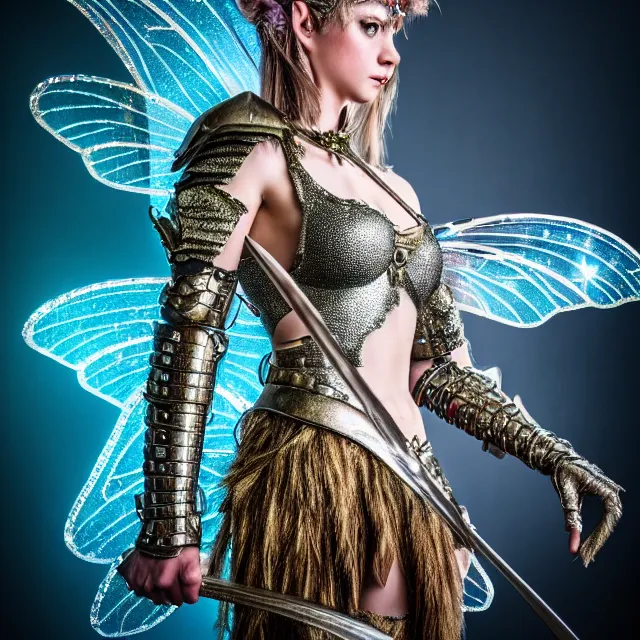 Image similar to full length photo of a fairy warrior wearing sparkly armour, highly detailed, 4 k, hdr, smooth, sharp focus, high resolution, award - winning photo