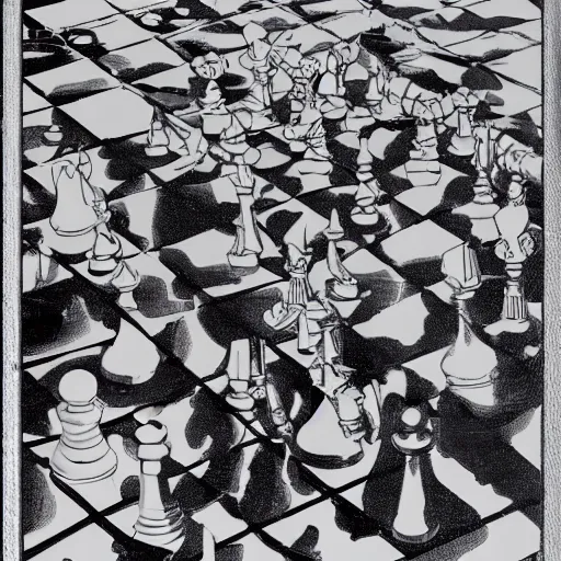 Prompt: a chessboard but the pieces are soldiers, artwork by moebius