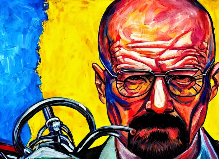 Image similar to expressionist painting of walter white on a motorbike, dynamic perspective, expressionist, colorful, clean, close up