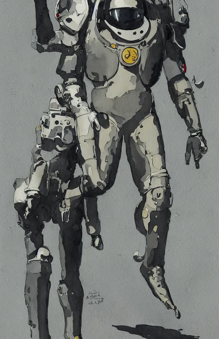 Prompt: male, full body, modern space suit, very stylized character design, large shoulders, short torso, long thin legs, tiny feet, science fiction, hyperdetailed, technical suit, space marine, watercolor digital painting, by mike mignola, by alex maleev, jean giraud, painted by leyendecker