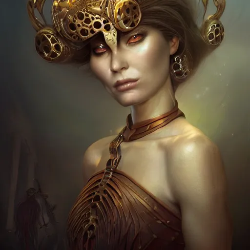 Image similar to beautiful portrait of imposing biomechanical Djinn by charlie bowater, mandy jurgens, gustav klimt, octane render, 4k, high detail, by tom bagshaw, powerful