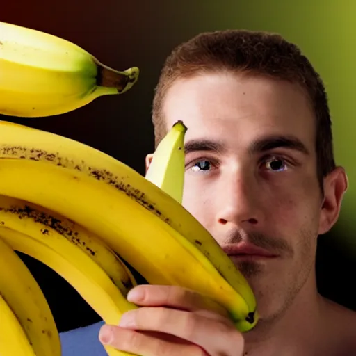 Image similar to flash photography of a high guy staring intently at a banana