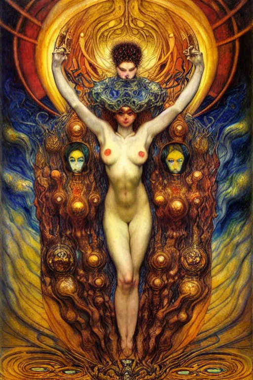 Image similar to Divine Chaos Engine by Karol Bak, Jean Delville, William Blake, Gustav Klimt, and Vincent Van Gogh, symbolist, visionary