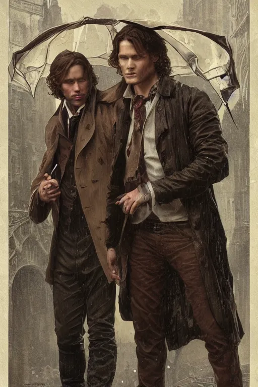 Prompt: a detailed matte portrait of sam winchester and dean winchester in a supernatural sherlock holmes story, 1 8 th century london in the rain, city streets, ominous, masterpiece, 8 k, art by alphonse mucha and greg rutkowski