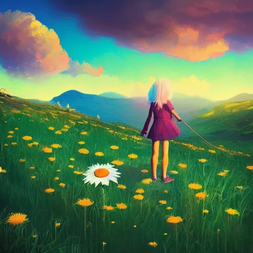 Image similar to giant daisy flower head, girl hiking in the mountains, surreal photography, sunrise, dramatic light, impressionist painting, colorful clouds, digital painting, artstation, simon stalenhag