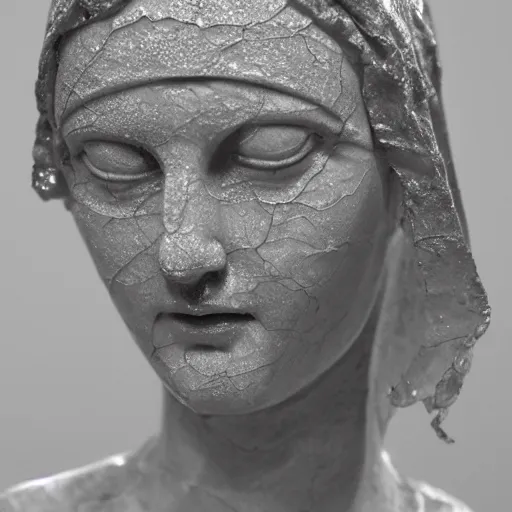 Image similar to a masterpiece marble sculpture of the veiled virgin, subsurface cracks, !dramatic !face, !female, covered in intricate !detailed golden !!streaked veil , physically based rendering, photo realistic, top light , dark background by Dan Hillier