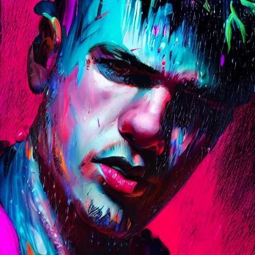 Image similar to splashes of neon, mowhawk, punk portrait made out of paint with rain in the background, trending on artstation, epic composition, emotional, beautiful, rendered in octane, highly detailed, realistic, tim burton comic book art, sharp focus, matte painting, unreal engine