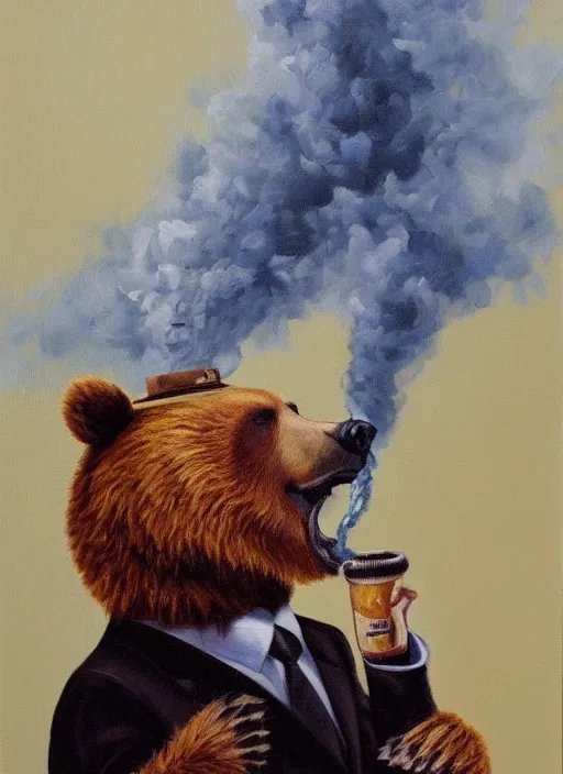 Image similar to A bear in a suit smoking a cigar while drifting in a Lamborghini, oil painting