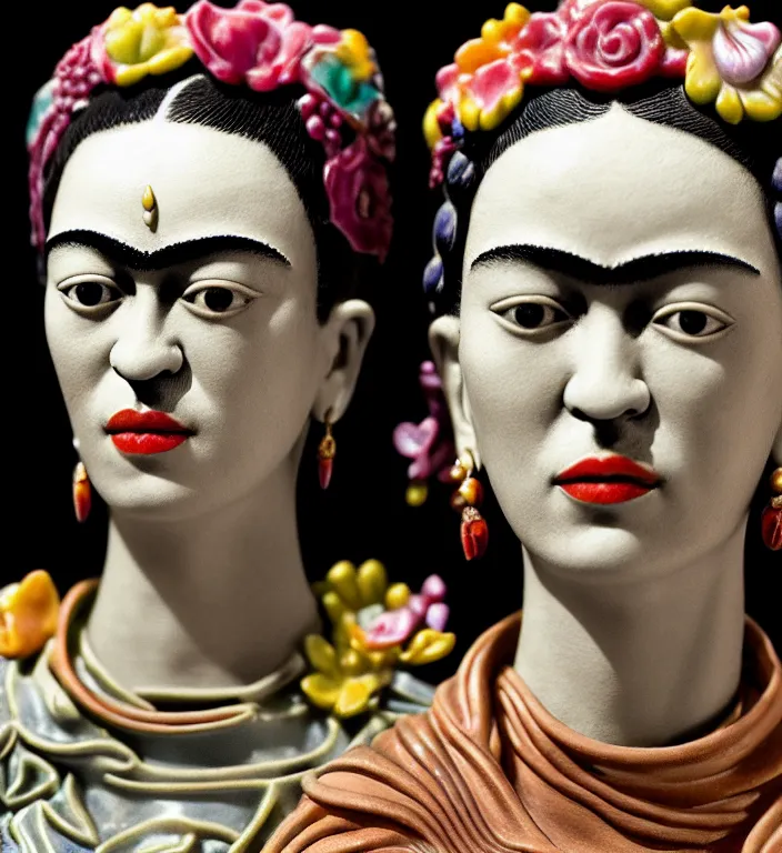 Image similar to Frida Kahlo , A Close up photo-real delicate ceramic porcelain sculpture of a symmetrical ornate detailed in front of an intricate background by Victo Ngai and takato yamamoto, micro detail, backlit lighting, face in focus, subsurface scattering, translucent, thin porcelain, octane renderer, colorful, physically based rendering, japanese pottery, trending on cgsociety