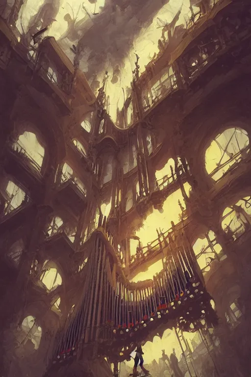 Image similar to illustration a low angle view of a tall ornate pipe organ falling to ruin, by peter mohrbacher, by alex andreev, by jacek yerka, by alan lee, by vincent di fate, large depth of field, super detailed, digital art, trending on artstation