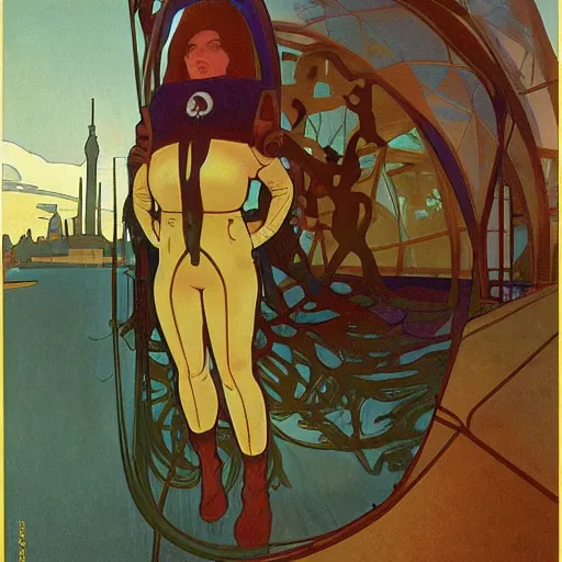 Prompt: unsettling rubbery mutant with thin lips and suspicious expression, wearing science fiction ss uniform by science fiction docks at sunset, by alphonse mucha, deak ferrand, simon stalenhag, and greg rutkowski