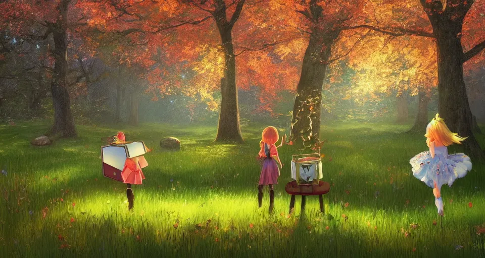 Prompt: Enchanted and magic forest, a glowing treasure chest sits in a meadow by ilya kuvshinov