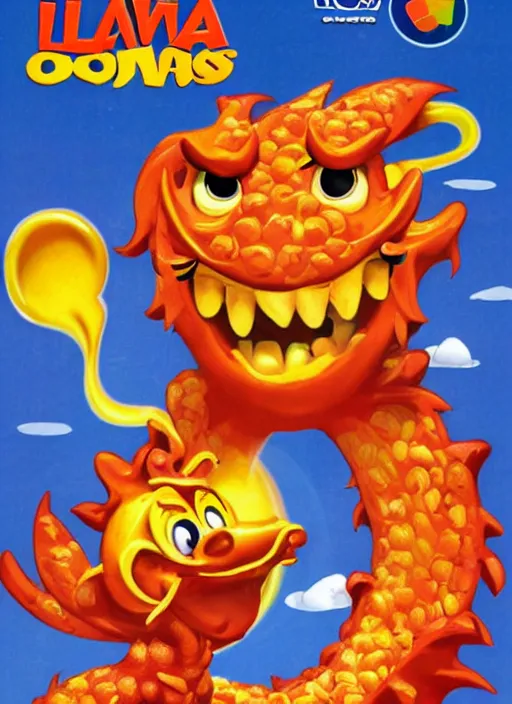 Image similar to lava - os cereal box front, cereal that tastes like lava, dragon mascot, high quality upload, 2 0 0 8
