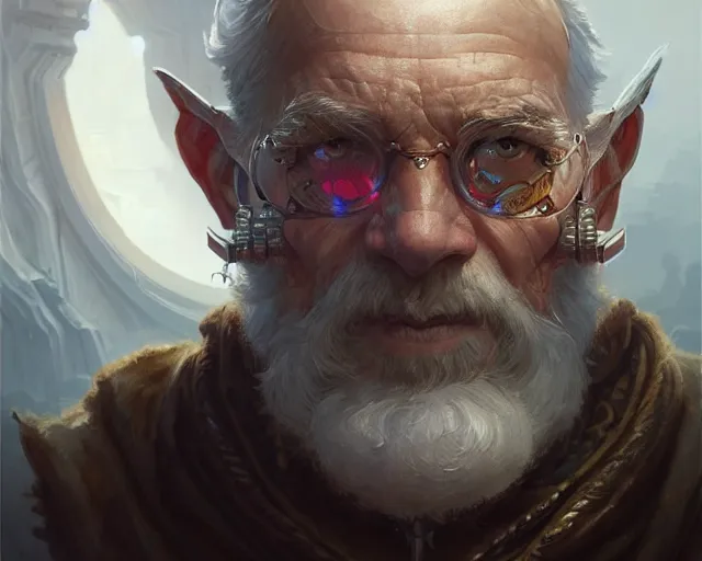 Image similar to old man with cyborg features, deep focus, d & d, fantasy, intricate, elegant, highly detailed, digital painting, artstation, concept art, matte, sharp focus, illustration, hearthstone, art by artgerm and greg rutkowski and alphonse mucha
