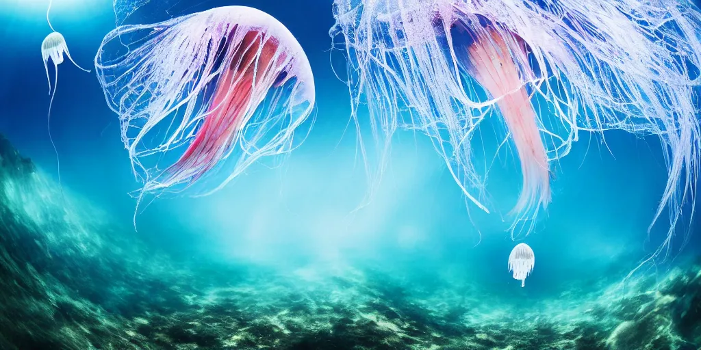 Prompt: full - length professional photo underwater landscape with a transparent big flying jellyfish, ultra high detailed, volumetric lightning, photo by david doubilet