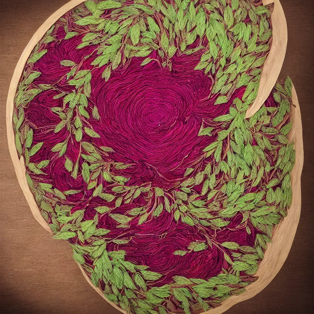 Prompt: embroidered giant cut beetroot, creating large spiral with embroidered leaves and fractal roots, over vivid wood table, food photography.. super detailed. masterpiece