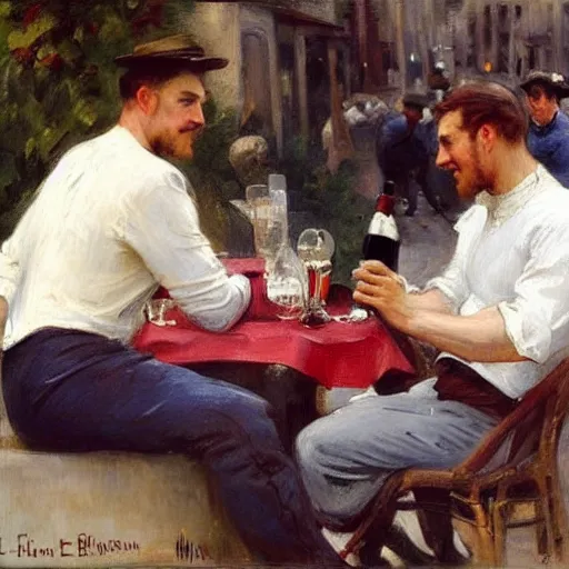 Prompt: painting by emile friant of spider - man and captain america drinking a glass of red wine in summertime outside a parisian cafe