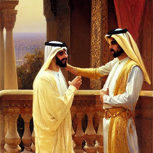 Image similar to attractive arab king confesses his love for his attractive male prince, in a balcony the palace, above river. highly detailed painting by gaston bussiere, craig mullins, j. c. leyendecker