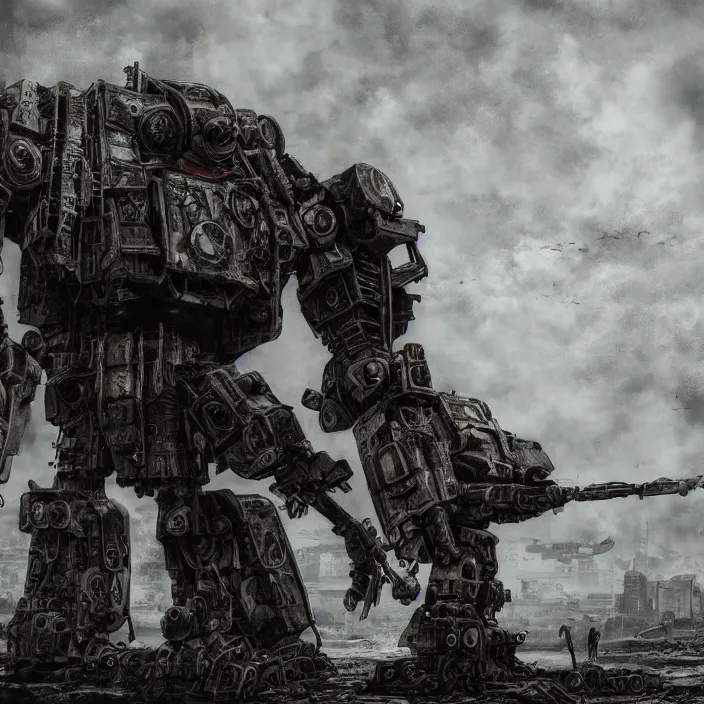 Image similar to gritty apocalyptic scene of human standing next to mech, hyper - detailed, sharp focus, 4 k ultra hd, fantasy dark art, apocalyptic art