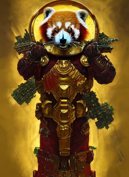 Image similar to red panda as warhammer 4 0 k emperor, gold, green leaf, trees, portrait, intricate, elegant, highly detailed, digital painting, artstation, concept art, wallpaper, smooth, sharp focus, illustration, art by h. r. giger and artgerm and greg rutkowski and alphonse mucha