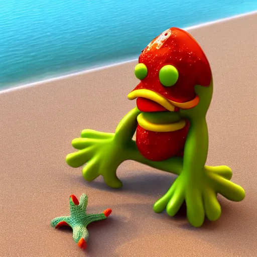 Image similar to an pizza creature enjoying the beach, 3 d render