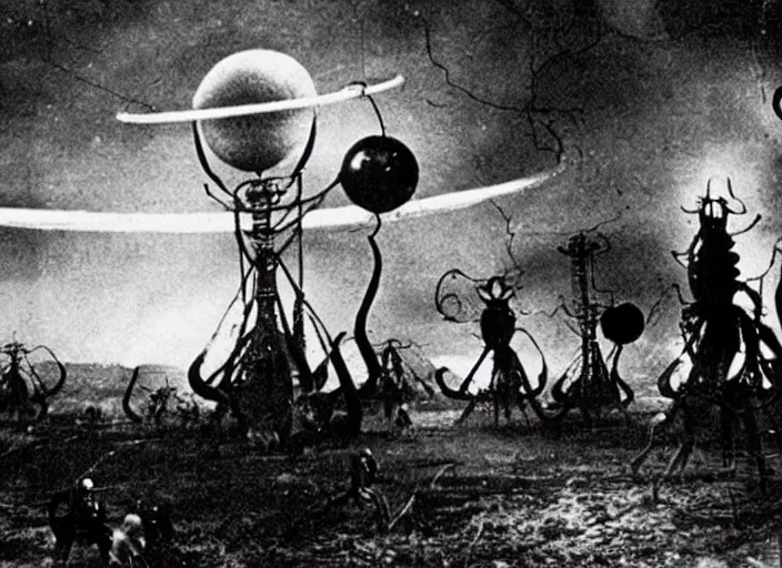 Image similar to scene from the 1919 science fiction film The War Of The Worlds
