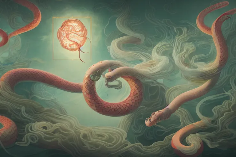 Prompt: sakura serpent twisting smoke, petals, radiant light, bubbles, chinoiserie wallpaper, peter mohrbacher, leiji matsumoto