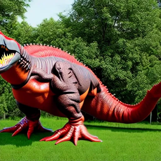 Image similar to a remote controlled giant t-rex being riden by kids, photorealistic, 8K, hyperrealistic