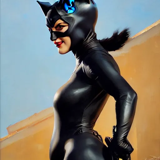 Prompt: Greg Manchess portrait painting of Catwoman as Overwatch character, medium shot, asymmetrical, profile picture, Organic Painting, sunny day, Matte Painting, bold shapes, hard edges, street art, trending on artstation, by Huang Guangjian and Gil Elvgren and Sachin Teng