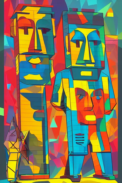 Image similar to cubist moai statue cutout digital illustration cartoon colorful beeple