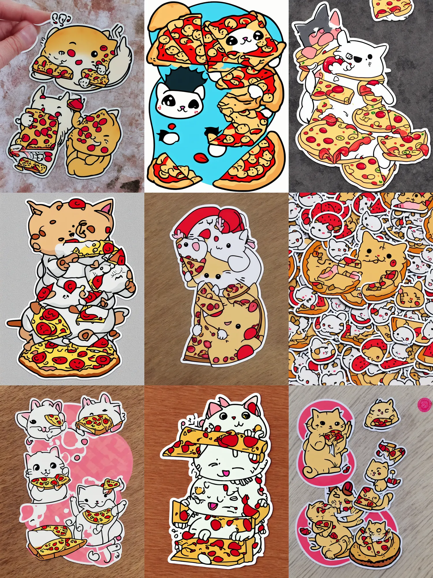 Prompt: sticker of chibi cute fat cat eating pizza, Japanese kawaii style