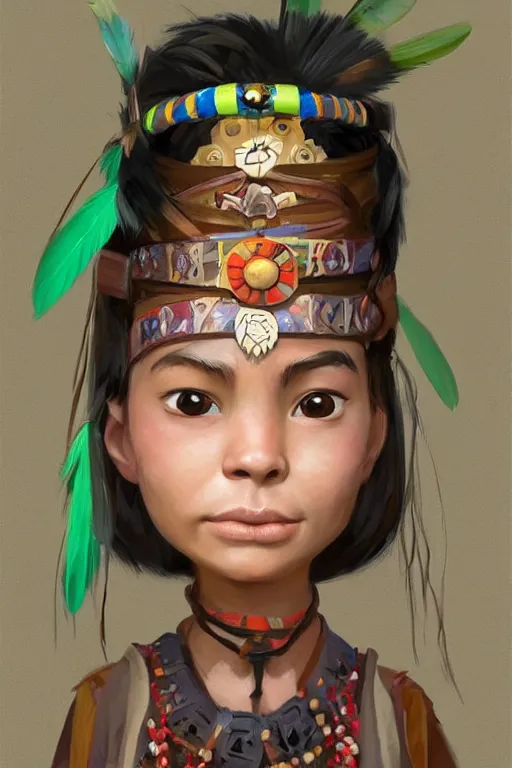 Image similar to a professional cartoony portrait of a indigenous happy kid female warrior, clothed in traditional colombian dance, long dark hair, beautiful bone structure, symmetrical facial features, green eyes, intricate, elegant and graceful, digital painting, concept art, smooth, sharp focus, illustration, finely detailed, from Rayman legends by Ruan Jia and Mandy Jurgens and Artgerm and William-Adolphe Bouguerea, award winning art, trending on Artstation