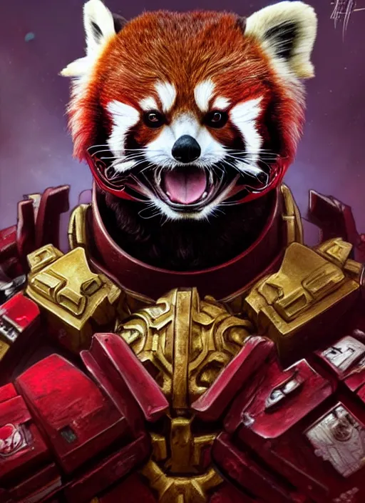 Image similar to red panda as warhammer 4 0 k!! emperor, gold, ruby gems, portrait, intricate, elegant, highly detailed, digital painting, artstation, concept art, wallpaper, smooth, sharp focus, illustration, art by h. r. giger and artgerm and greg rutkowski and alphonse mucha