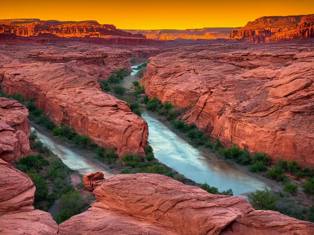 Image similar to “a river bend running through a canyon surrounded by desert mountains at sunset, moab, utah, a tilt shift photo by Frederic Church, trending on unsplash, hudson river school, photo taken with provia, national geographic photo”