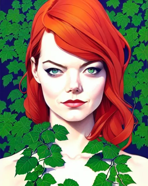 Image similar to joshua middleton, phil noto, artgerm, emma stone poison ivy dc comics, vines, symmetrical eyes, city rooftop