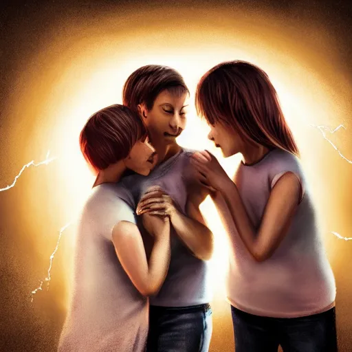 Image similar to A family hugging each other for the last time as the world is ending, meteors are falling from the sky, everything is on fire, dramatic lighting, digital art, very very very very very very beautiful, 8K, dark lighting, trending on Artstation, award winning