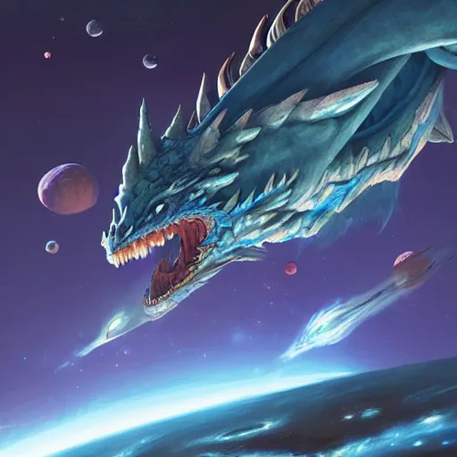 Prompt: Gigantic blue scaled dragon devouring an earth like planet while flying in space, sun system, salamance, nebula, oil painting, by Fernanda Suarez and Edgar Maxence and Greg Rutkowski