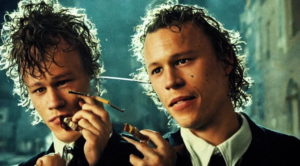 Prompt: Heath Ledger smoking a cigarette back alley of prom, well lit, masterpiece virtuosic painting, high quality, visual, sharp, backlit, gorgeous lighting