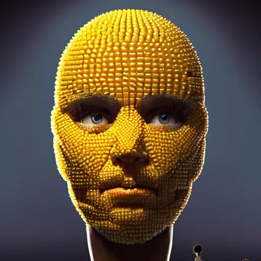 Image similar to Programmer made of corn staring at a computer monitor, face illuminated, hyperrealistic, artstation, 8k, concept art, very detailed, hd, digital painting, shadows, dimly lit, dramatic lighting