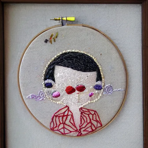 Image similar to a tiny beautiful handmade embroidery of a woman. hand embroidery.