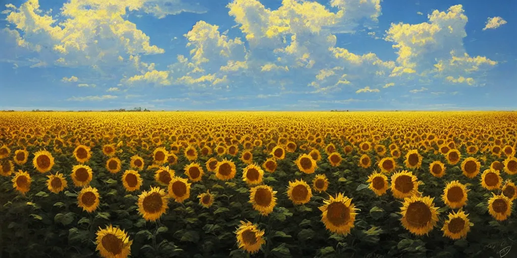 Prompt: Hyper realistic oil painting of an endless sunflower field, high contrast, blue skies, cinematic, by greg rutkowski