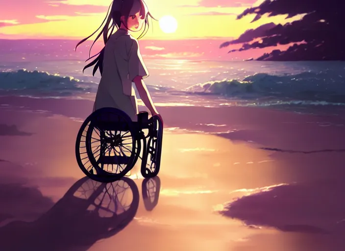 Prompt: girl on wheelchair is gently pushed by a man, sunset sky in background, beach landscape, illustration concept art anime key visual trending pixiv fanbox by wlop and greg rutkowski and makoto shinkai and studio ghibli and kyoto animation, symmetrical facial features, modern days, daily clothing, backlit