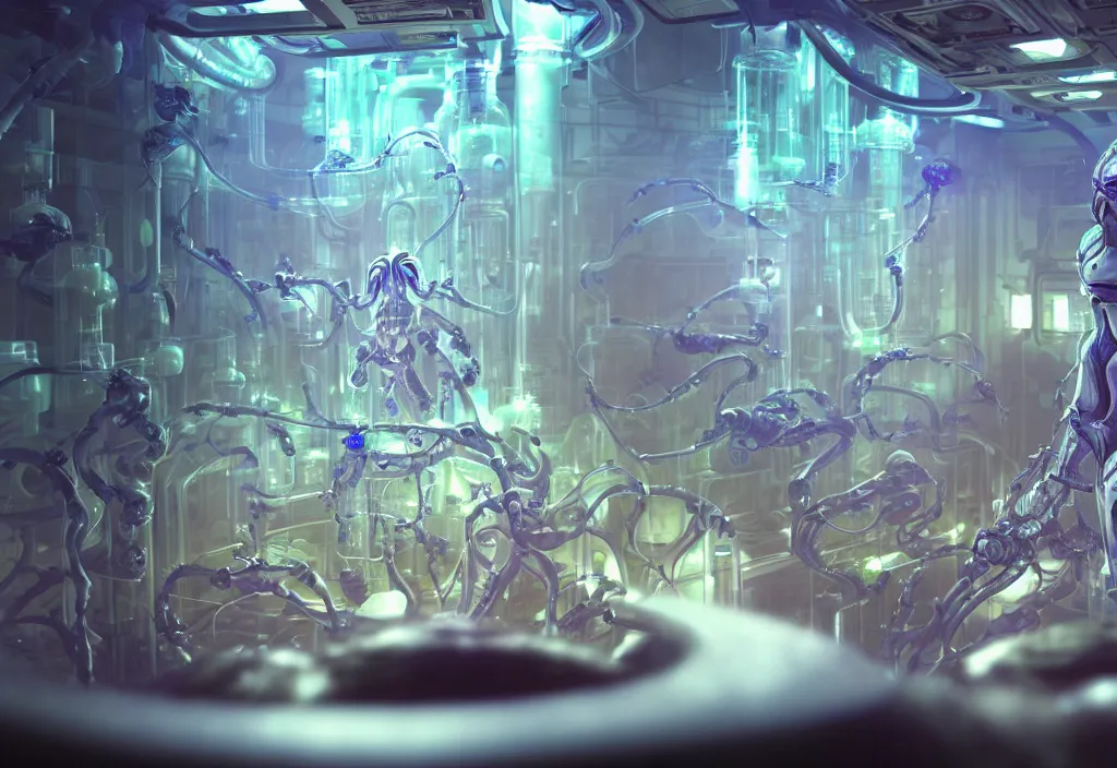 Prompt: a hihgly detailed starcraft's zerg inside his bioreactor, observed by a thin male scientist in his biotech lab, from love death and robots ( 2 0 1 9 ). coherent portrait, intricate, elegant, highly detailed, digital photo, trending on artstation, hdr photo, smooth, sharp focus