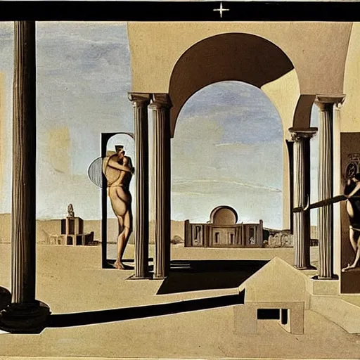 Prompt: a parade of disconnected images : a greek god in formal clothes, obscure corners of nameless interiors, astronomical diagrams projecting the distances between celestial bodies, a painting by giorgio de chirico, a list of unpopular anagrams.