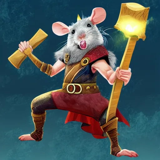 Image similar to the rat thor ~ holding his hammer ~ dramatic thunder background ~ fighting scene ~