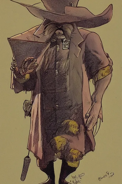 Image similar to vernon. Rabbit with mustache dressed as a sheriff. concept art by James Gurney and Mœbius.