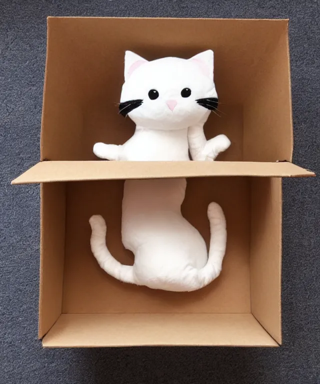 Image similar to a cat plushie in a cardboard box