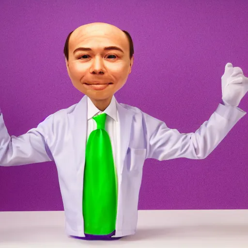 Image similar to hyperreal lifelike corporate portrait, anthropomorphic edible piechart, snake oil ceo, uncle aloysius family medicine depot, purple green color scheme, detailed lifelike facial features, professional studio lighting